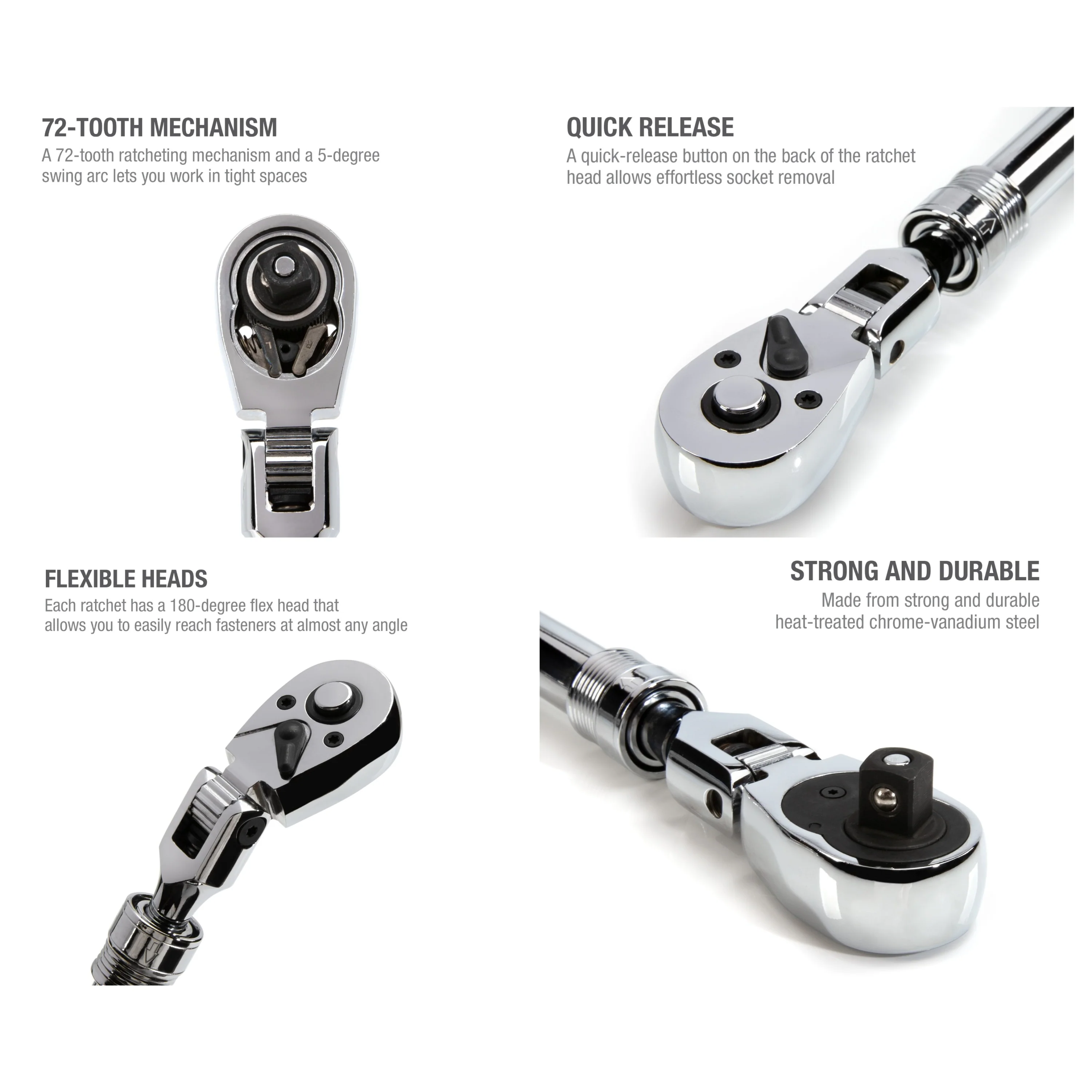 72-Tooth Extendable Flex-head Ratchet Set, 3-Piece (1/4, 3/8, and 1/2-Inch Drives) - Image 5