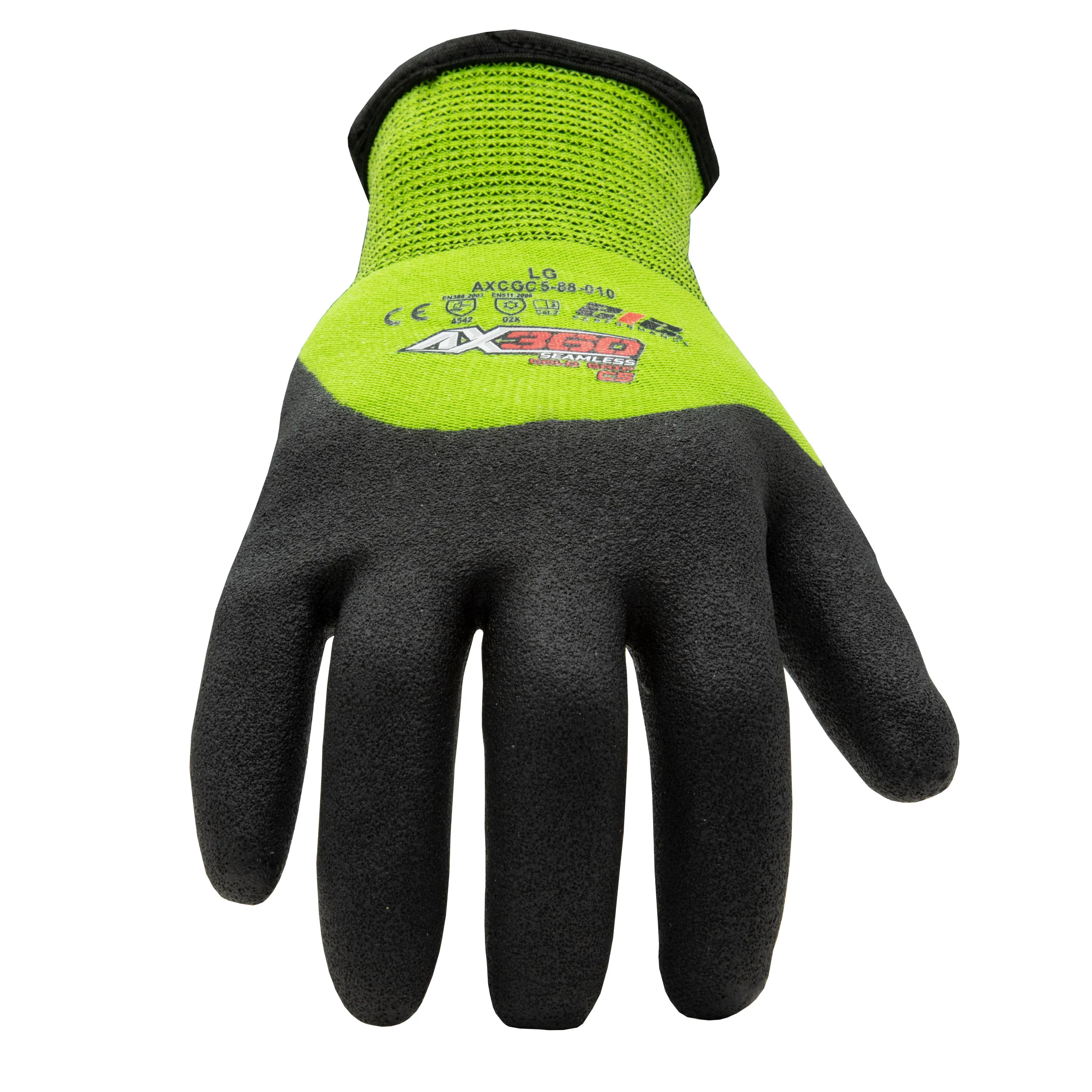 AX360 Seamless Nitrile-dipped Cut Resistant Cold Weather Hi-Viz Gloves in Black and Green (EN Level 5) - Image 2