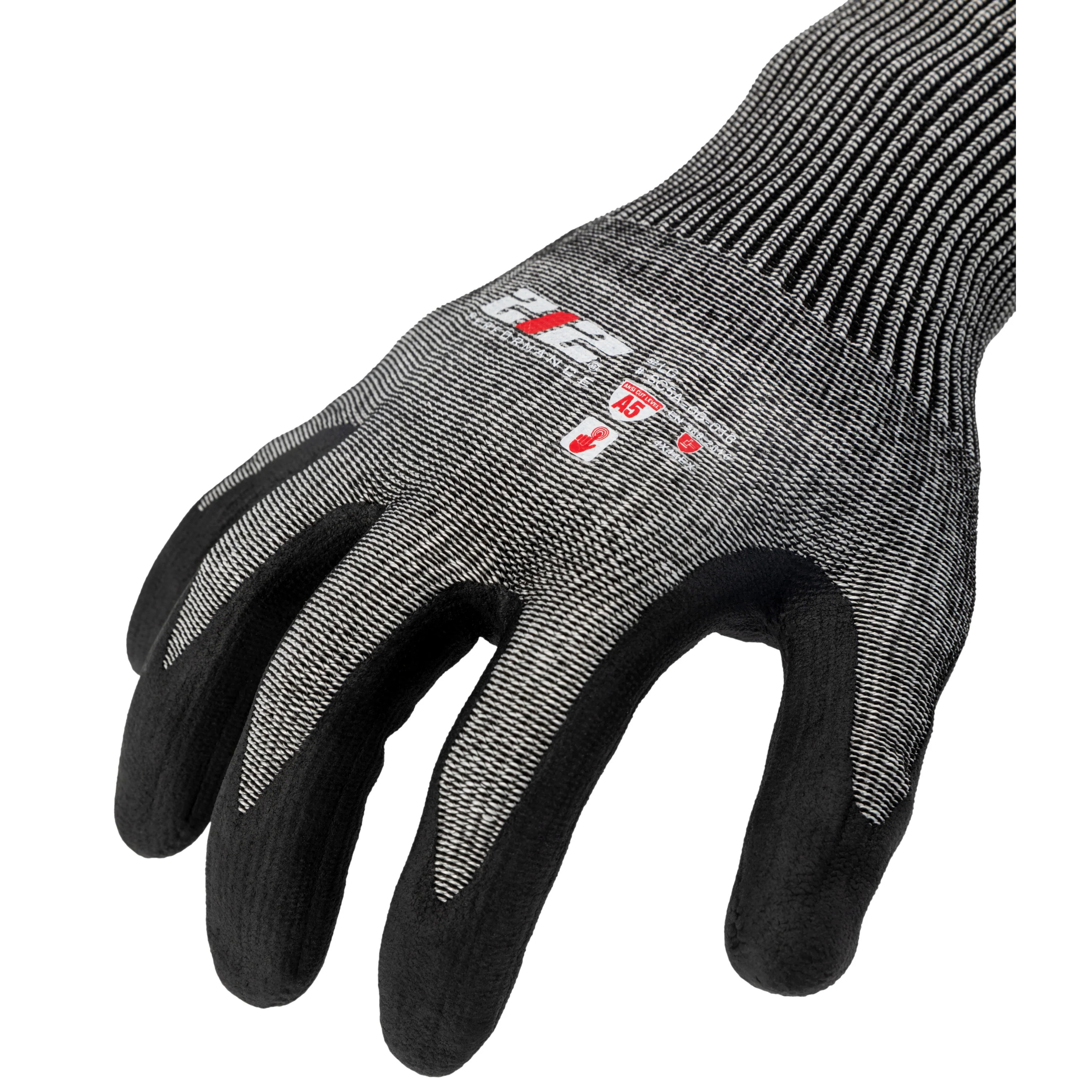 Nitrile Foam-Dipped ANSI A5 Cut Resistant Touchscreen Compatible Seamless Work Gloves in Black and Gray - Image 5