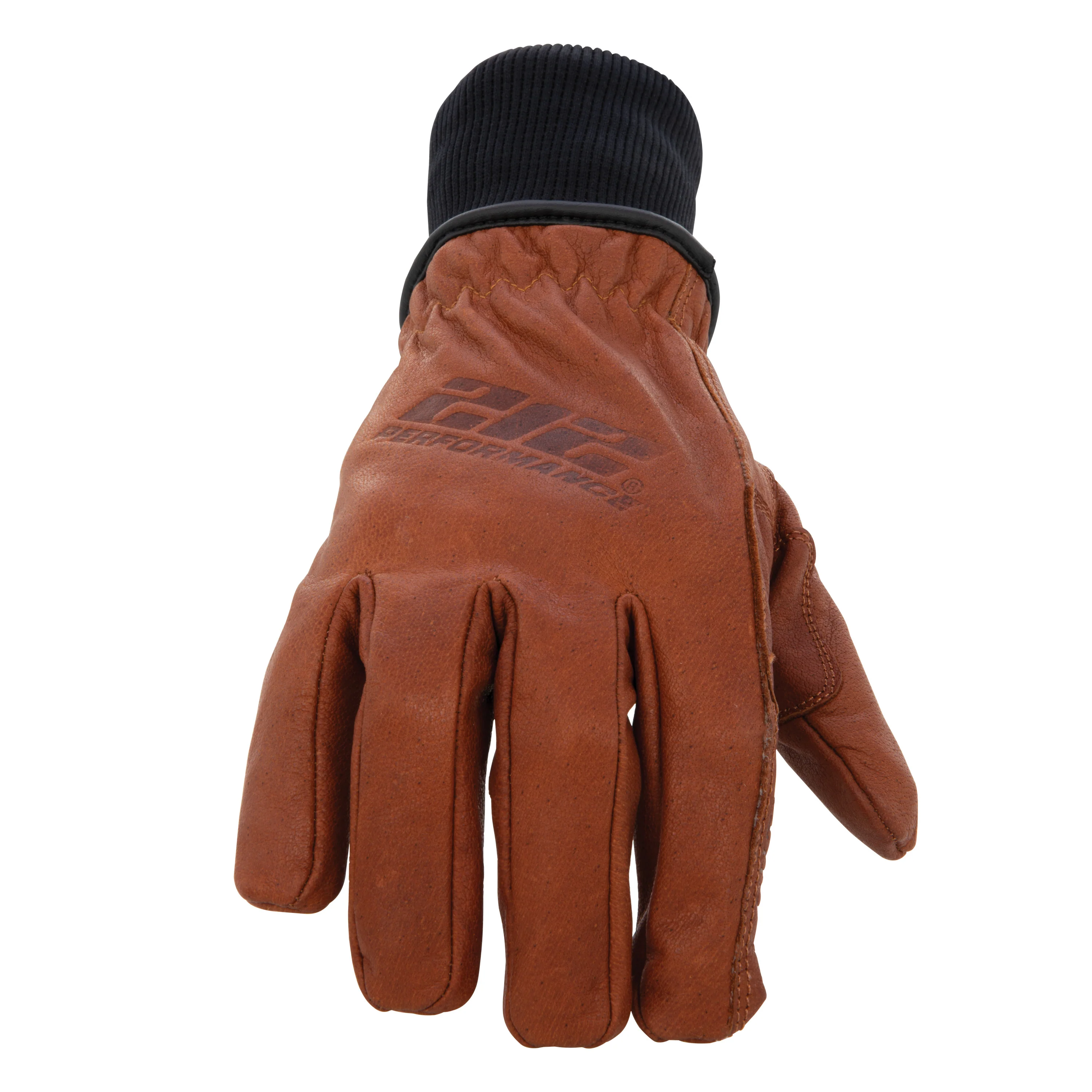 Fleece Lined ANSI A3 Cut Resistant Buffalo Leather Driver Winter Work Glove with Rib Knit Cuff in Russet Brown - Image 2